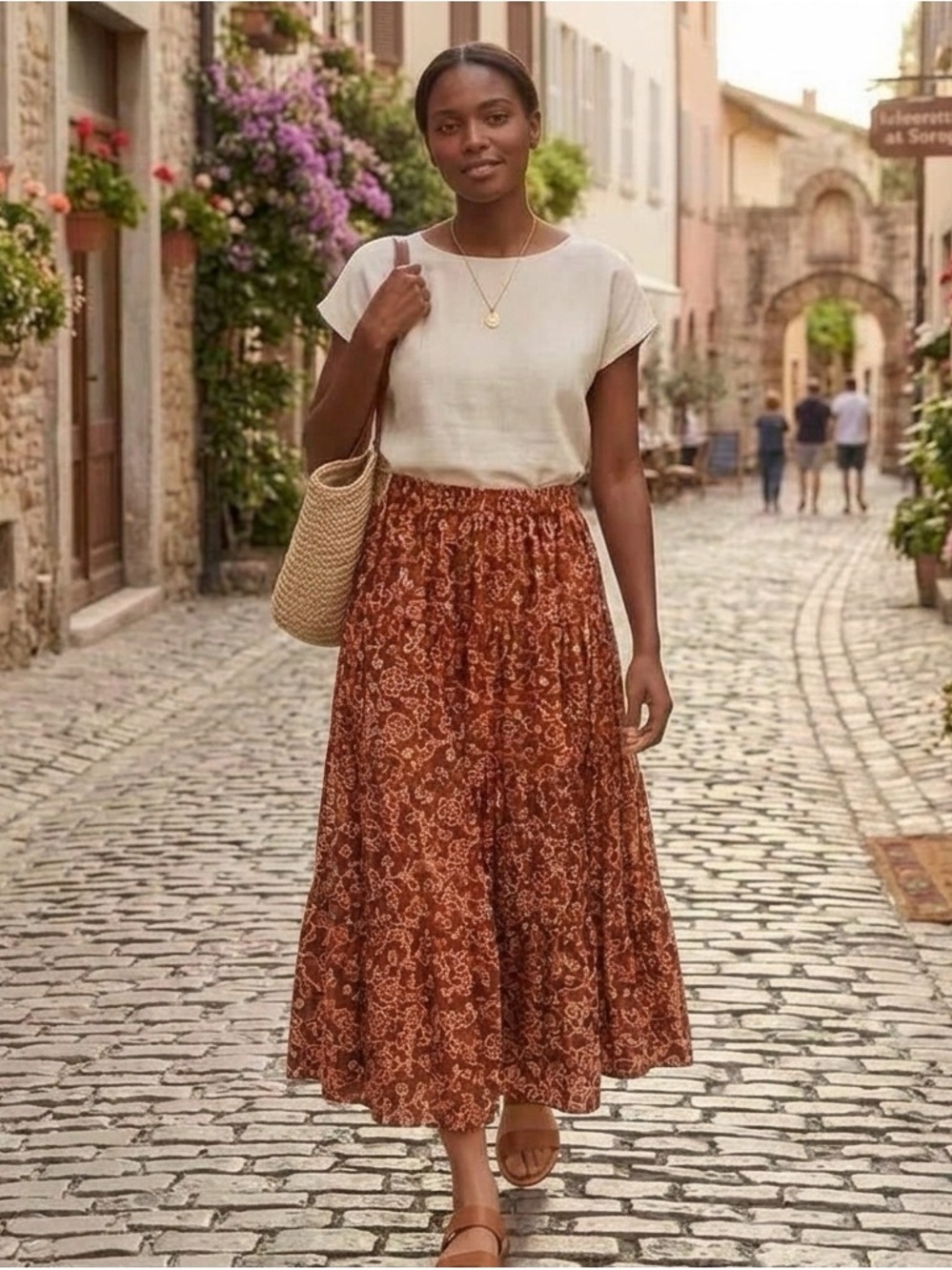 J.Crew Organic Cotton Vintage Vines Floral Print Tiered Pull-On Maxi Skirt